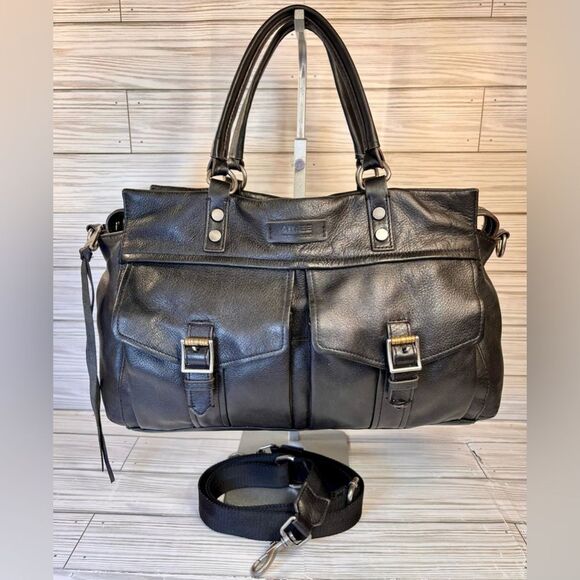 039-Aimee Kestenberg Black Leather satchel handbag w/ crossbody shoulder strap - Picture 1 of 10